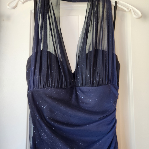Navy Sparkle Halter Evening Dress - Picture 3 of 8